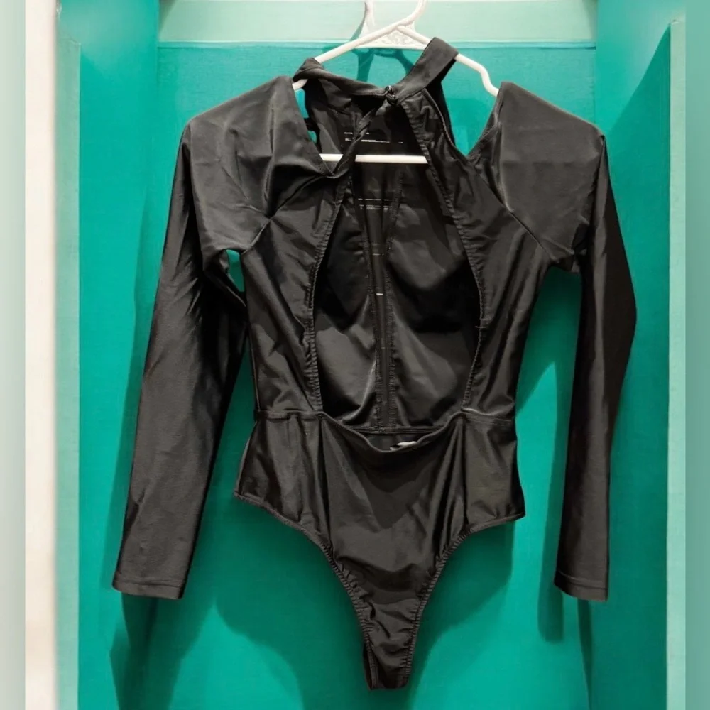 Oh yes Black Long Sleeve Bodysuit with sheer front MEDIUM